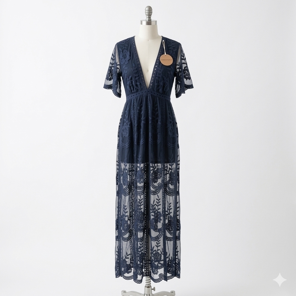 Honey Punch Navy Blue Lace Maxi Dress